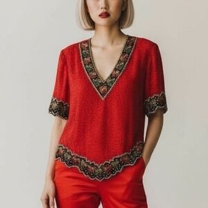 Vintage Laurence Kazar Red Beaded V Neck Short‎ Sleeve Top XL